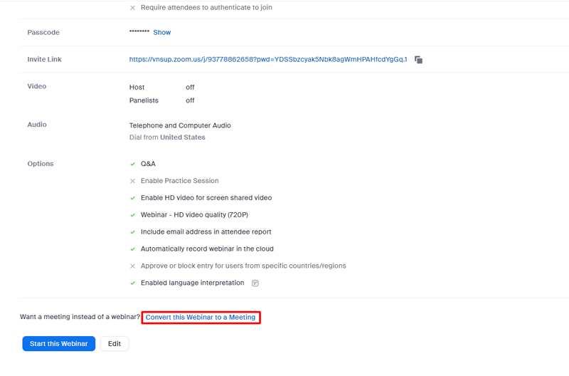 Lưu ý: Nếu bạn muốn chuyển đổi Webinar thành cuộc họp, hãy nhấp vào Convert this Webinar to a Meeting bên dưới phần Option sau khi bạn lên lịch cho hội thảo trên web
