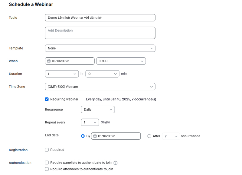 Bước 3: Chọn cài đặt Webinar mong muốn.