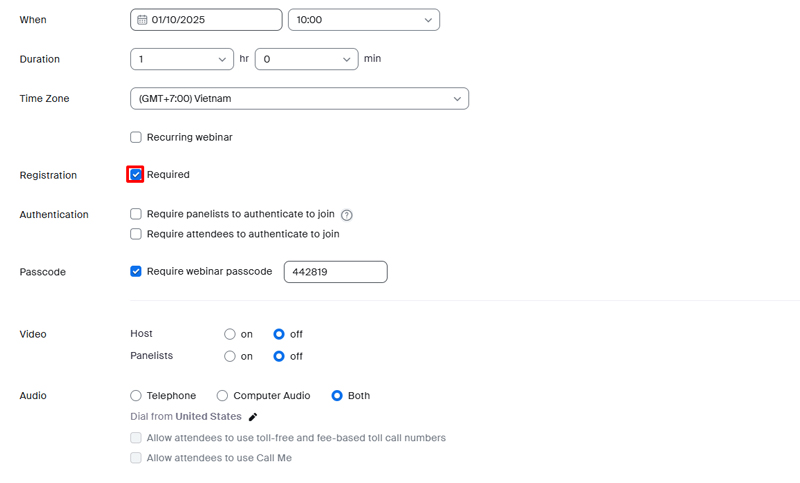 Bước 4: Trong phần Registration, hãy chọn hộp kiểm Required để yêu cầu đăng ký.
