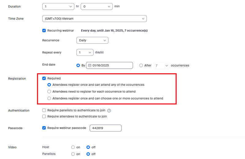 Nếu yêu cầu đăng ký và hội thảo trên web là sự kiện định kỳ , các tùy chọn bên dưới sẽ xuất hiện; hãy chỉ định một trong các tùy chọn sau: