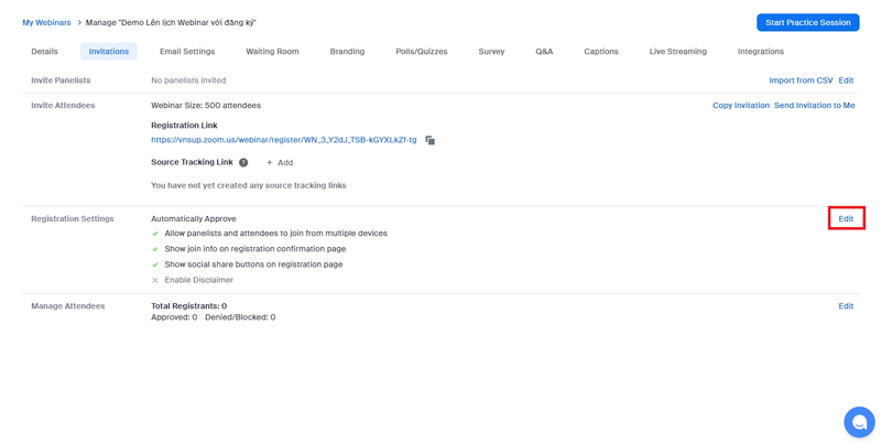 Bước 2: Bên cạnh Registration Settings, Chọn Edit ở bên phải.