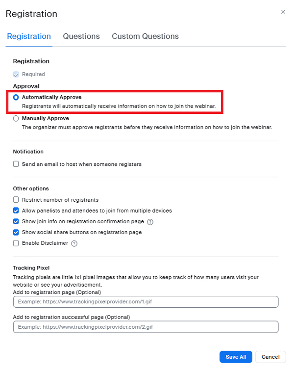 Bước 3: Trong Tab Registration, bên dưới muc Approval, chọn Automatically Approve.