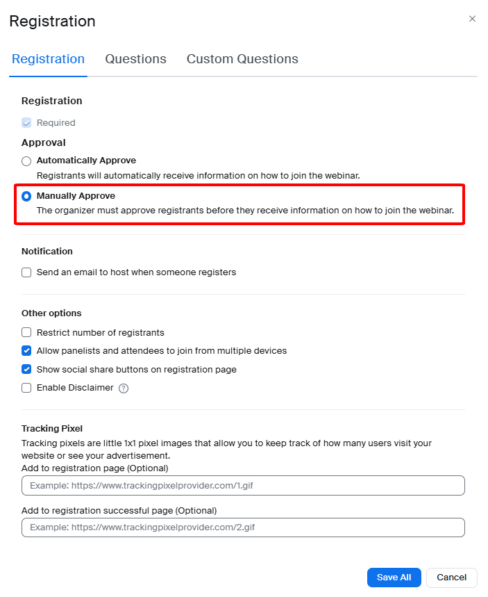 Bước 3: Trong Tab Registration, bên dưới muc Approval, chọn Manually Approve.