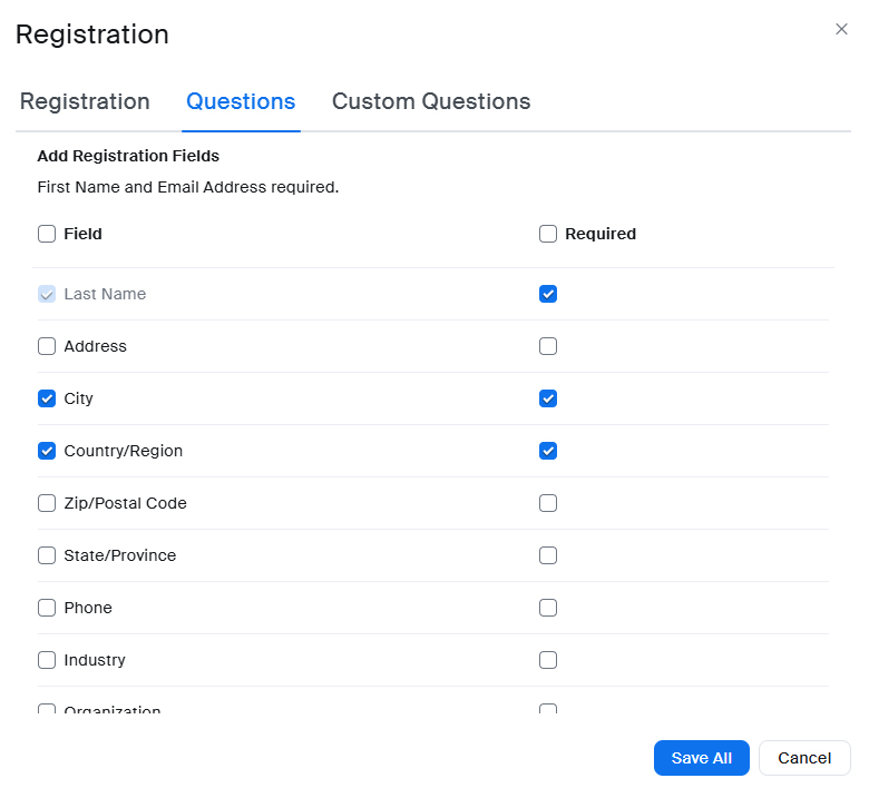 Bước 3: Trong Tab Questions, bên dưới Add Registration Fields, hãy chọn những trường mà bạn muốn thêm vào Form đăng ký.