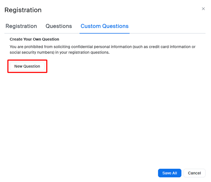 Ở Tab Custom Questions, nhấn vào New Question để đặt câu hỏi mà mình muốn.
